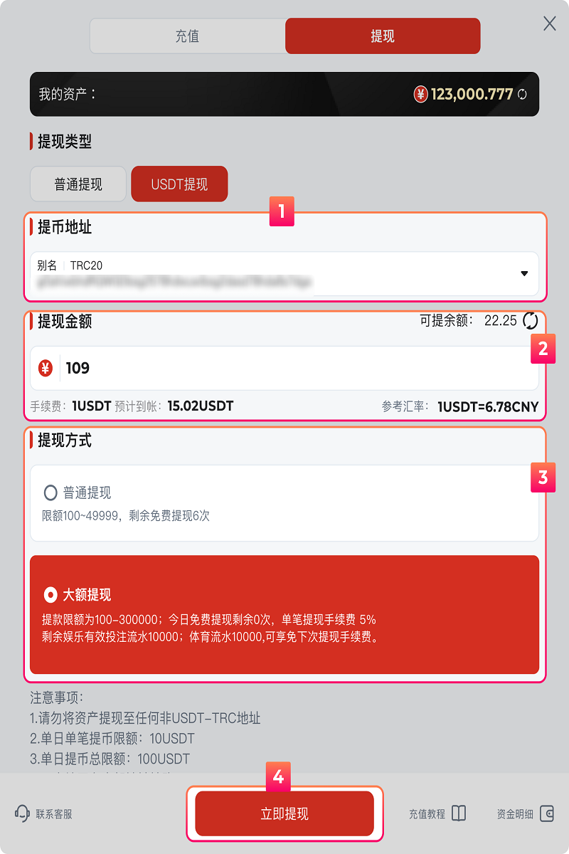 星空体育提款教程 3 USDT提款页面